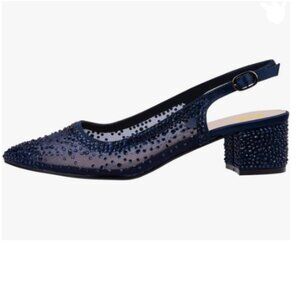 XYD Navy Rhinestone Pumps Sheer Mesh Slingback Block Heels Pointed Toe Shoes